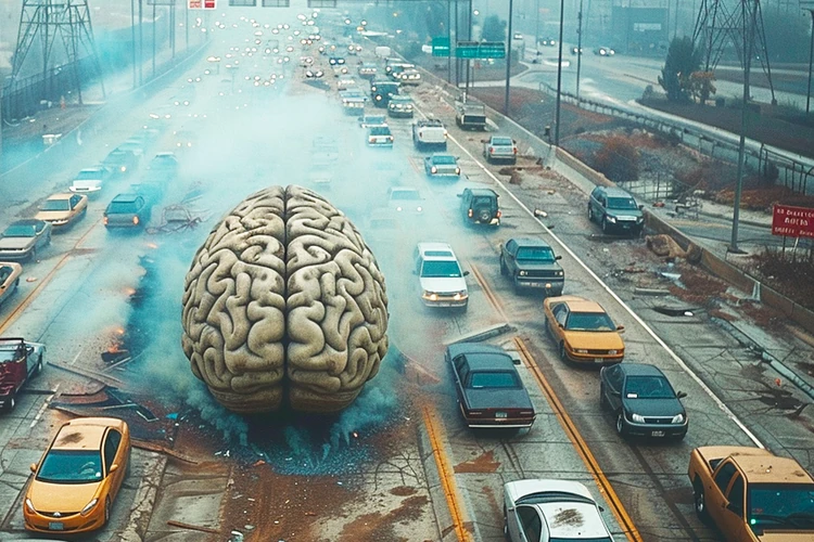 image of a brain in smog-infested traffic