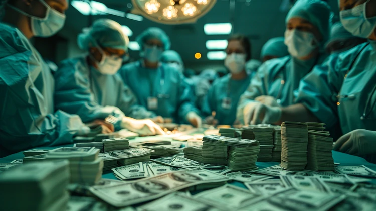 Doctors operating on a pile of cash.