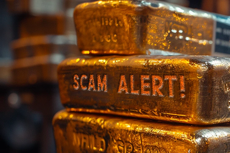 “An illustration of gold bars with the words scam alert on them.