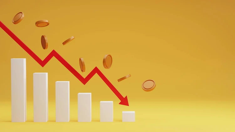 A downward arrow chart with coins falling down the graph 