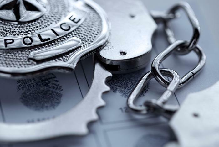 Police badge handcuffs and fingerprint card