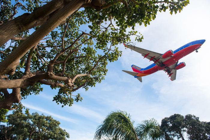Southwest Airlines plane in air from ground perspective