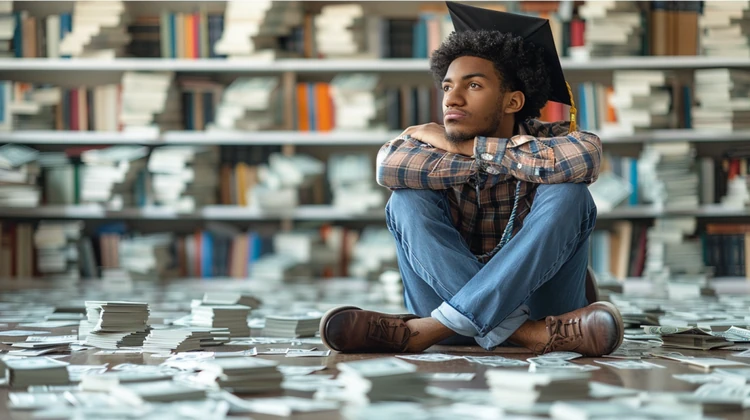 A college graduate looking pensive