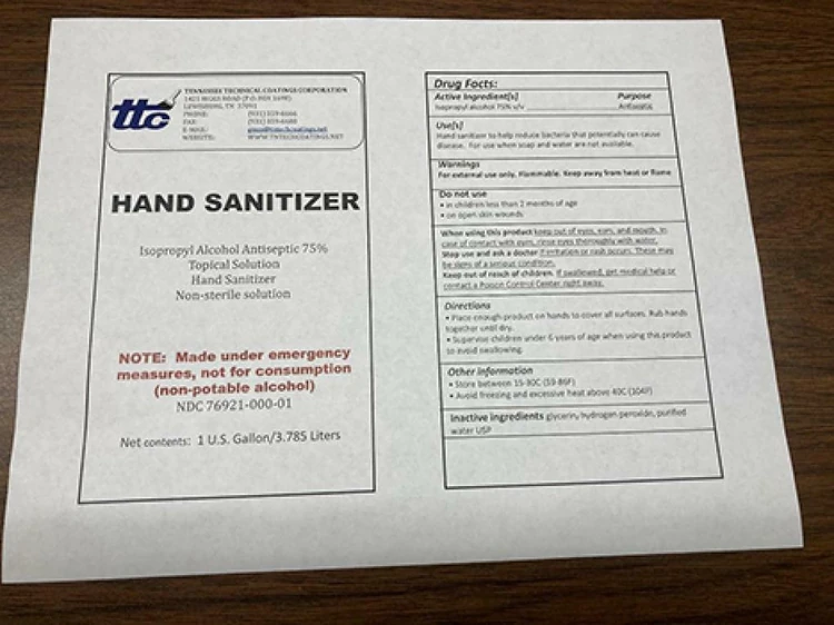 Tennessee Technical Coatings recalls hand sanitizer