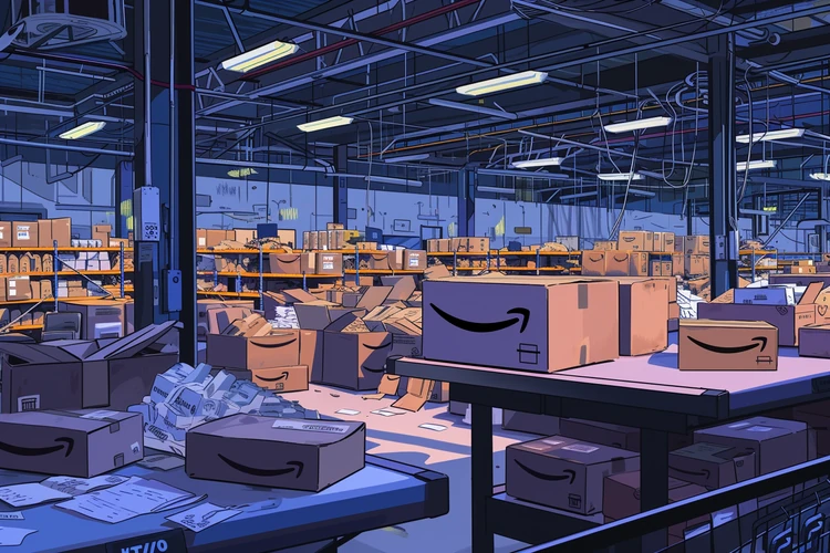 “An illustration of an amazon warehouse.