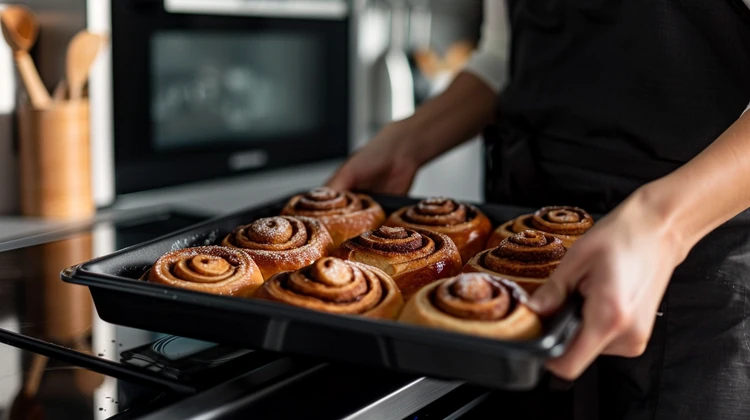 Someone taking cinnamon rolls out of the oven