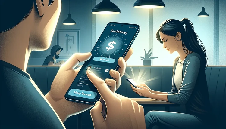 “An illustration of a man making a mobile payment on his phone.