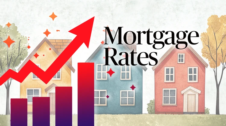 Three houses in the background of a chart showing an increase in mortgage rates