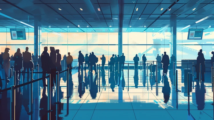 The interior of an airport, full of people