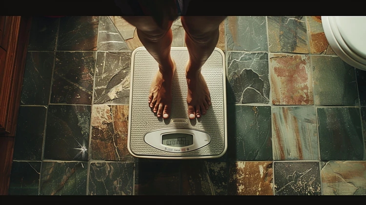 Imagine of a weight scale with a person standing on it 