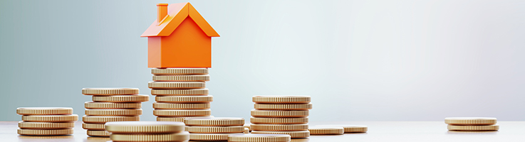 small house sitting on coins