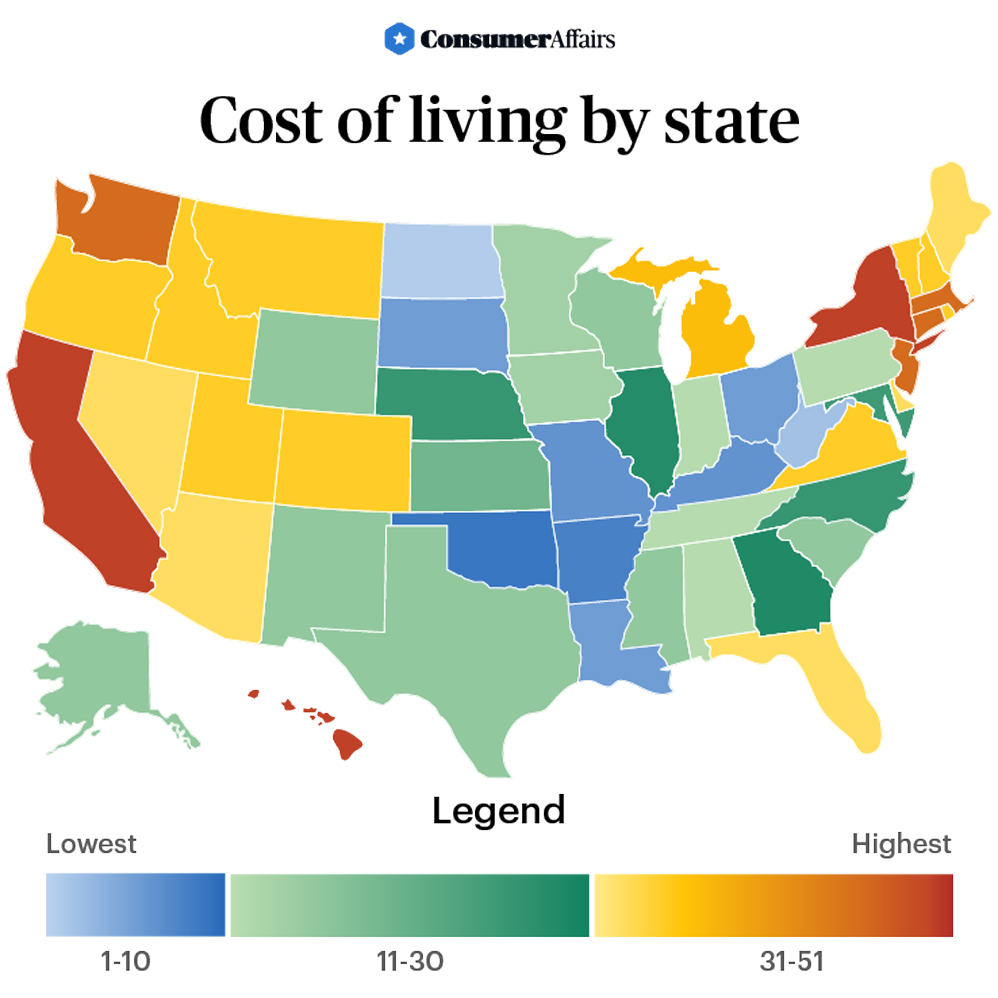map depicting the lowest cost of living states in america
