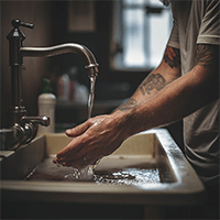 man washing hands in sink