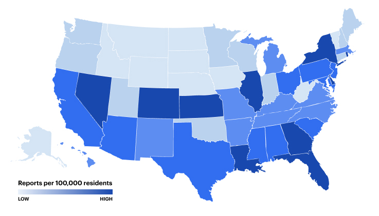 map of the united states showing identity theft reports per state