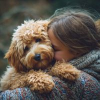 girl cuddling a dog