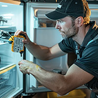 a technician fixing a fridge