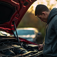man looking at car engine