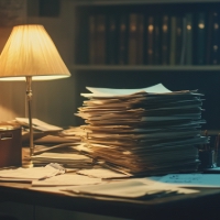 a stack of papers on top of a desk