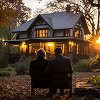 retired couple in front of a house during sunset
