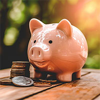 ceramic piggy bank with stack of coins next to it