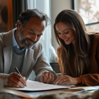 a man and a woman signing papers