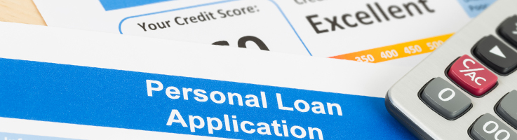 partial image of a calculator over a personal loan application form and an excellent credit score report under the form