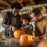 father teaching child to carve pumpkin with mother watching