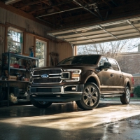 a truck parked in a garage