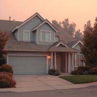 a two story suburban house painted in light blue with white trim and a two car garage