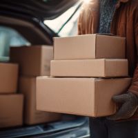 a person handling cardboard boxes standing behind car with its trunk open