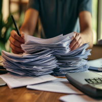 person going over a stack of documents