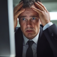 a man looking at a computer screen, looking stressed