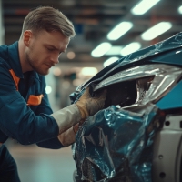 damage to the front of a car being repaired
