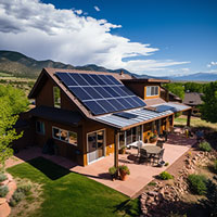 aerial view of a house with solar panels on the roof