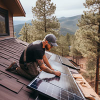Man installing a solar panel on roof