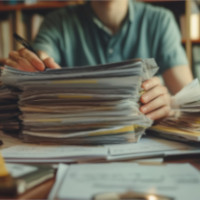 a person writing on top of a stack of paperwork