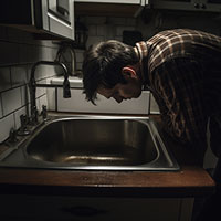 repairman looking down at a sink drain