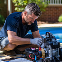 pool technician fixing a pool pump