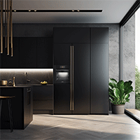 dark grey three-door refrigerator in a modern kitchen