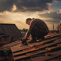 man on rooftop fixing shingles