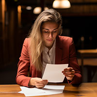 a woman reading a denial letter