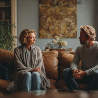 troubled-looking couple looking at each other