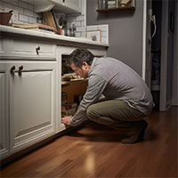 man checking cabinet for mold