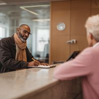 two people talking over a counter with one taking notes