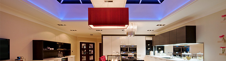 kitchen with led lighting under cabinets and on the ceiling
