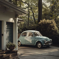 green fiat parked beside a house