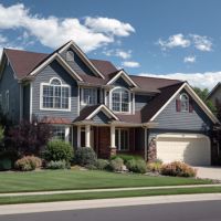 a two-storey house with a garage and a lawn
