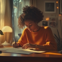 a woman filling out a form on a desk