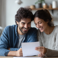 excited couple going over loan papers