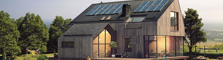 modern villa house with solar panels